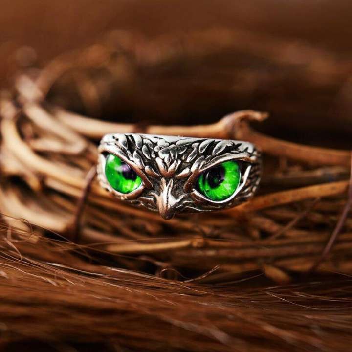 Silver Owl Ring- Stylish Men's Owl Finger Ring - Green