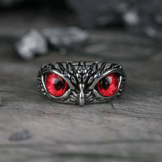 Silver Owl Ring- Stylish Men's Owl Finger Ring - Red